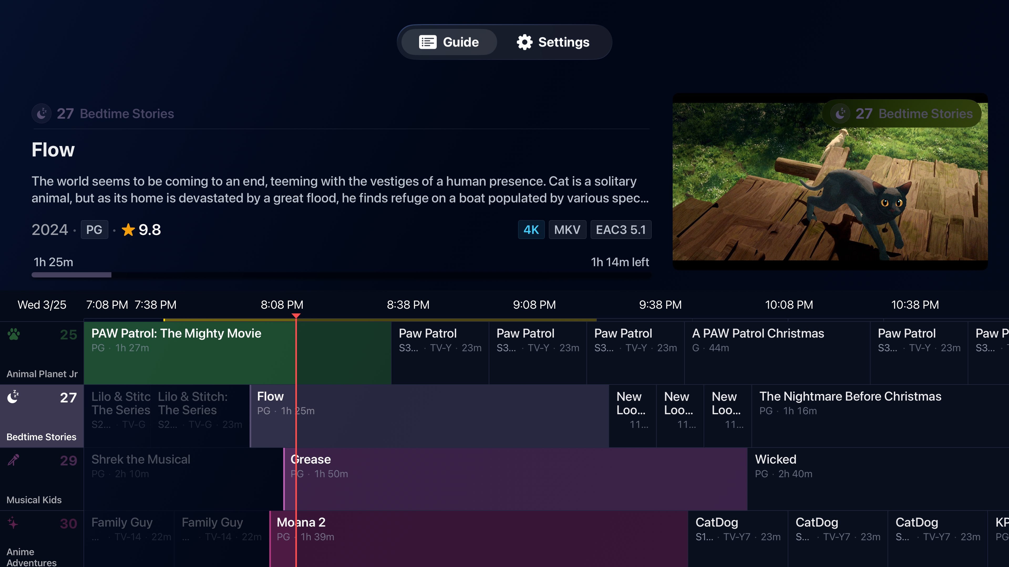 Bunny Ears TV electronic program guide with channel grid and media badges